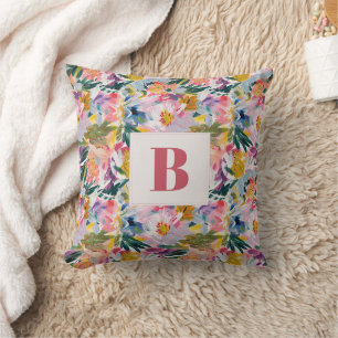 Elegant Pastel Pink Abstract Floral Monogrammed Cushion