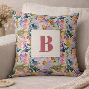 Elegant Pastel Pink Abstract Floral Monogrammed  Cushion