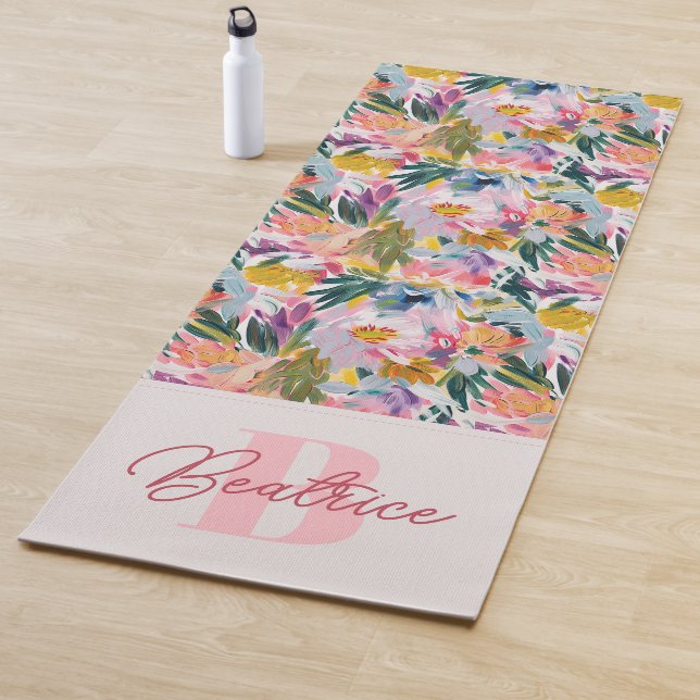 Elegant Pastel Pink Abstract Floral Name Monogram Yoga Mat (In Situ)