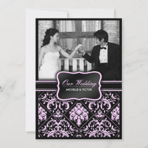 Elegant Pastel Pink and Black Damask Wedding Photo Invitation