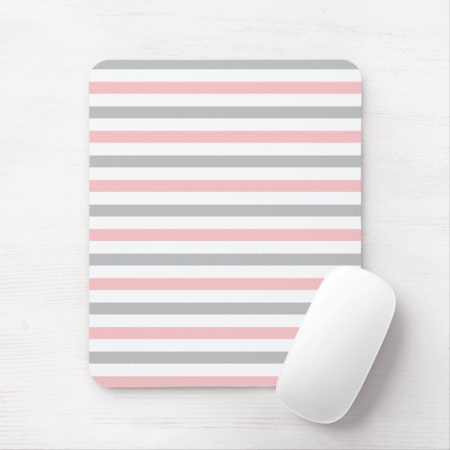 Elegant Pastel Pink and Grey Stripes Pattern Mouse Mat (With Mouse)