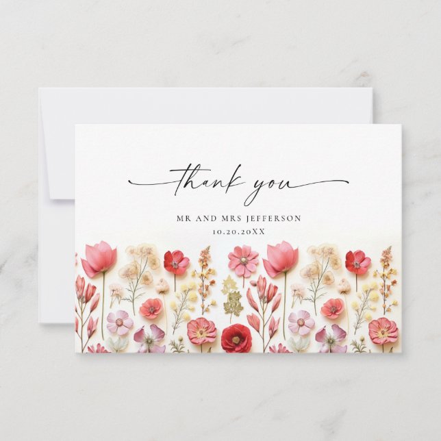 Elegant Pastel Pink Bohemian Field Wildflower Thank You Card (Front)