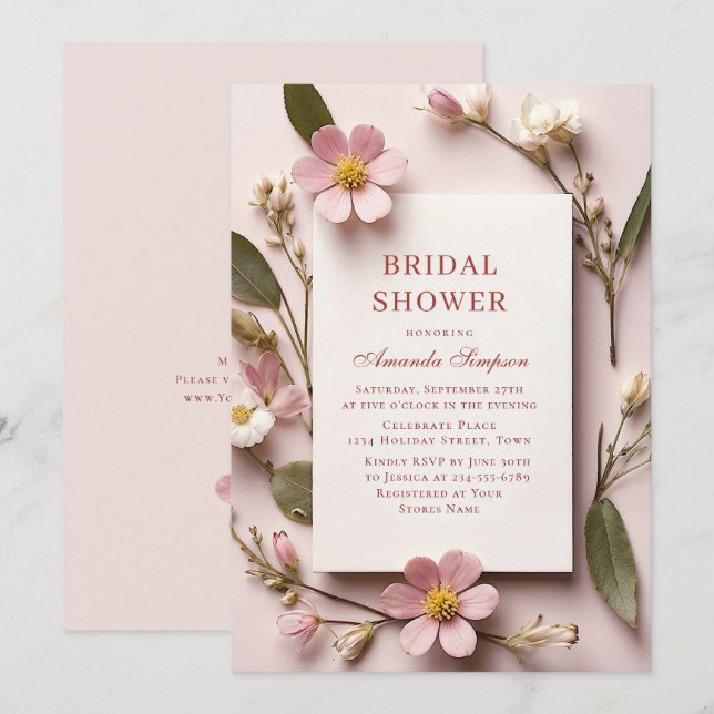 Elegant Pastel Pink Bohemian Flower Bridal Shower Invitation (Front/Back)