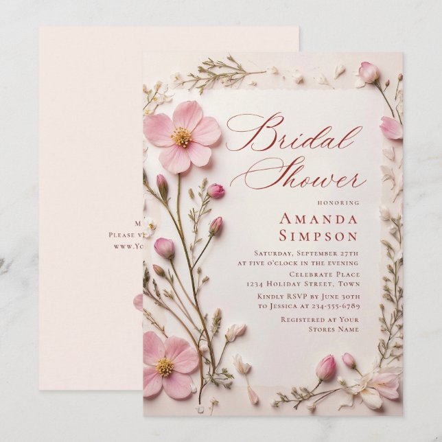 Elegant Pastel Pink Bohemian Flower Bridal Shower Invitation (Front/Back)