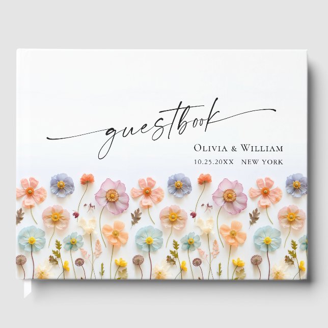 Elegant Pastel Pink Bohemian Wildflower Wedding Guest Book (Front)