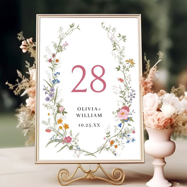 Elegant Pastel Pink Bohemian Wildflower Wedding Table Number (Creator Uploaded)