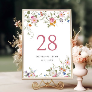 Elegant Pastel Pink Bohemian Wildflower Wedding Table Number
