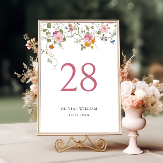 Elegant Pastel Pink Bohemian Wildflower Wedding Table Number (Creator Uploaded)