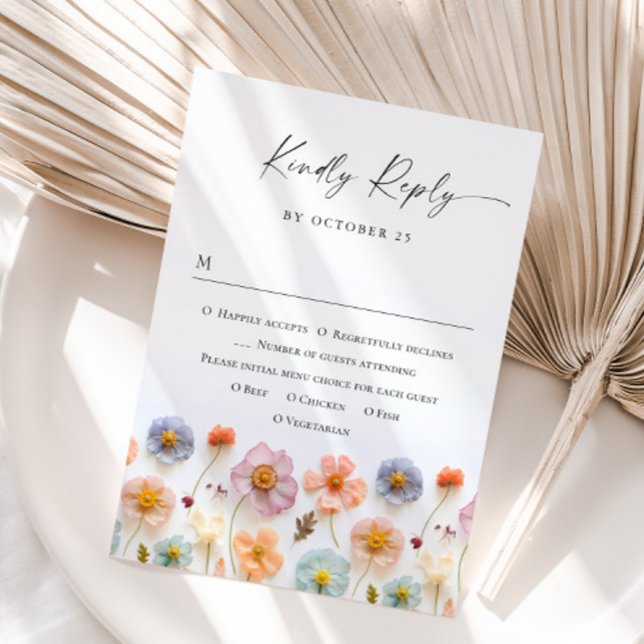 Elegant Pastel Pink Boho Wild Flowers Wedding RSVP Card (Creator Uploaded)