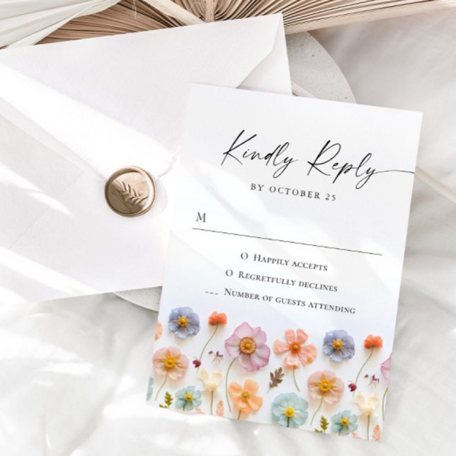Elegant Pastel Pink Boho Wild Flowers Wedding RSVP Card (Creator Uploaded)