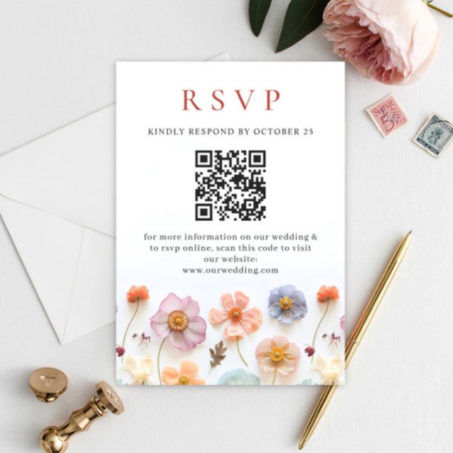 Elegant Pastel Pink Boho Wild Flowers Wedding RSVP Card (Creator Uploaded)