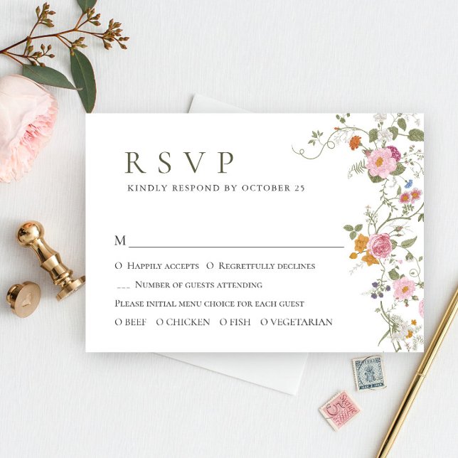 Elegant Pastel Pink Boho Wild Flowers Wedding RSVP Card (Creator Uploaded)