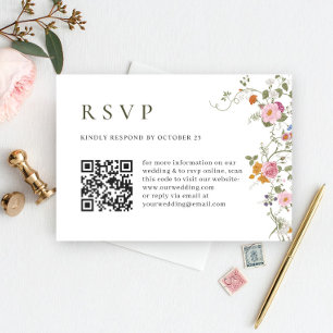 Elegant Pastel Pink Boho Wild Flowers Wedding RSVP Card