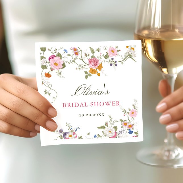 Elegant Pastel Pink Boho Wildflower Bridal Shower Napkin (Creator Uploaded)