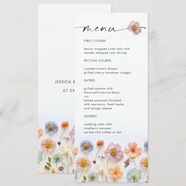 Elegant Pastel Pink Boho Wildflower Wedding Menu Invitation (Front/Back)