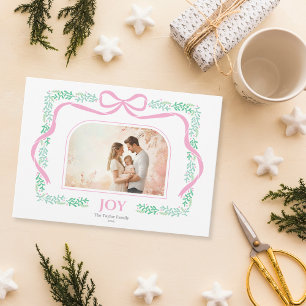 Elegant Pastel Pink Bow Joy Christmas Photo Frame Invitation