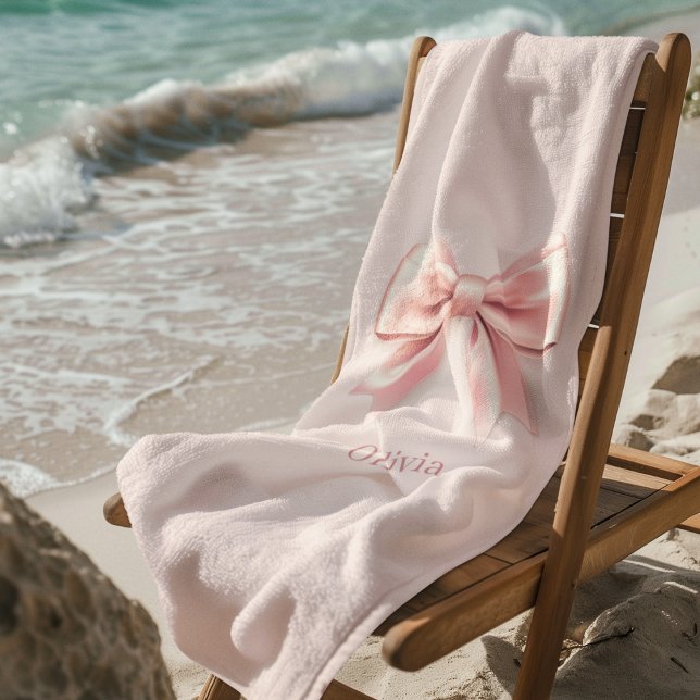 Elegant Pastel Pink Bow & Name Personalised  Beach Towel (Creator Uploaded)