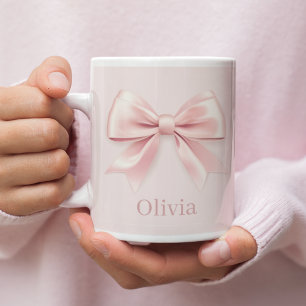 Elegant Pastel Pink Bow & Name Personalised  Large Coffee Mug