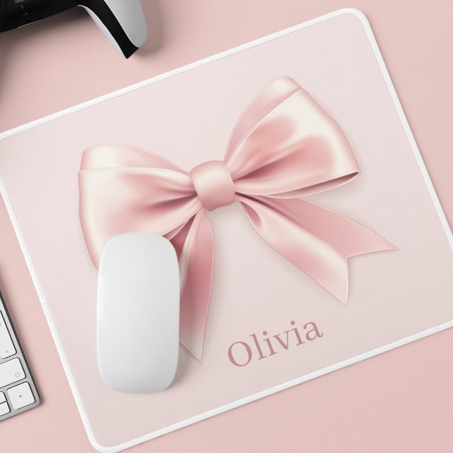Elegant Pastel Pink Bow & Name Personalised Mouse Mat (Creator Uploaded)
