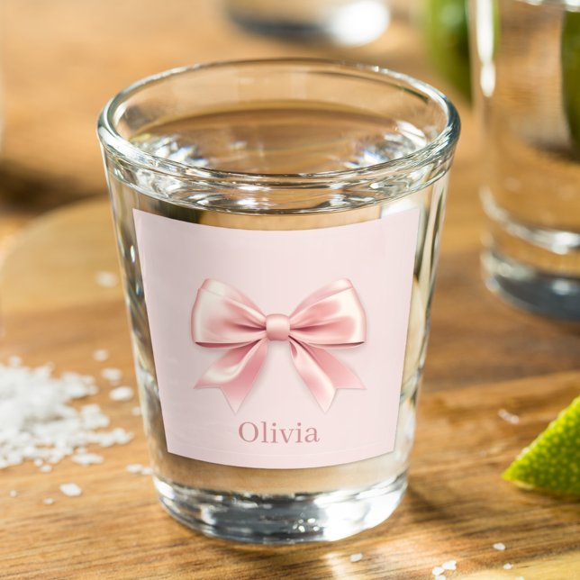 Elegant Pastel Pink Bow & Name Personalised Shot Glass (Creator Uploaded)