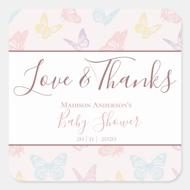 Elegant Pastel Pink Butterflies Baby Shower Thanks Square Sticker (Front)