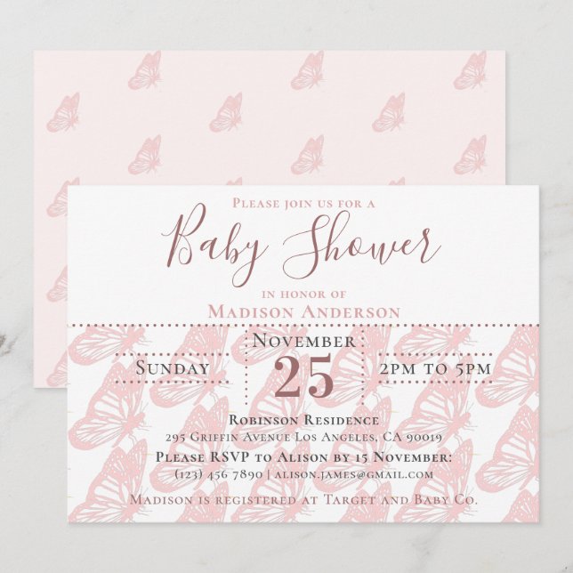 Elegant Pastel Pink Butterfly Girl Baby Shower Invitation (Front/Back)