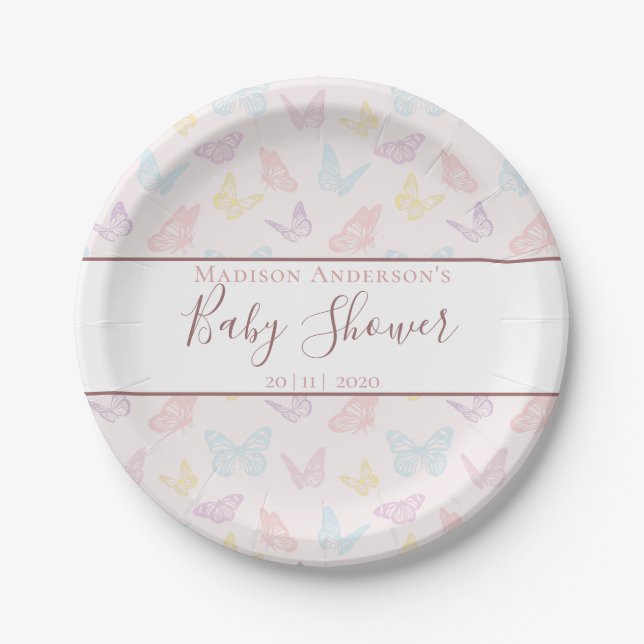 Elegant Pastel Pink Butterfly Pattern Baby Shower Paper Plate (Front)
