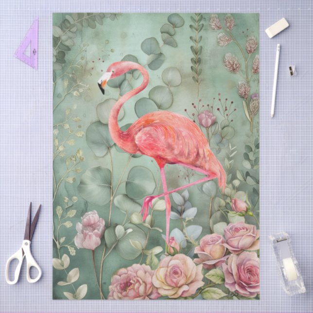 Elegant Pastel Pink Flamingo & Roses Decoupage Tissue Paper (Craft)