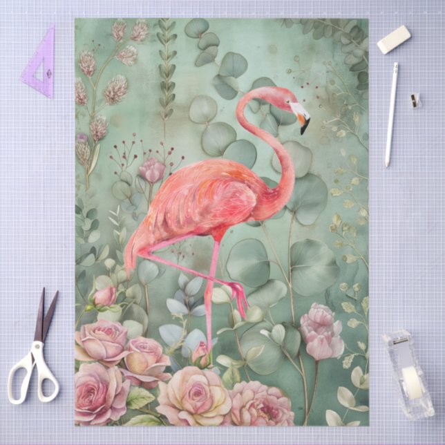 Elegant Pastel Pink Flamingo & Roses Decoupage Tissue Paper (Craft)