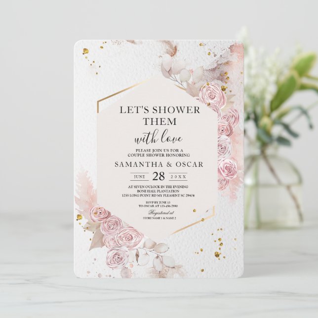Elegant Pastel Pink Floral Frame Fancy Invitation (Standing Front)