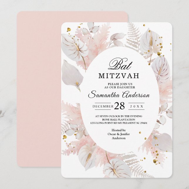 Elegant Pastel Pink Floral Frame & Gold Drops Invitation (Front/Back)