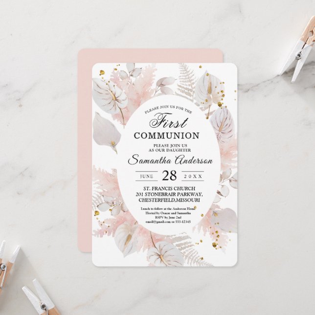 Elegant Pastel Pink Floral Frame & Gold Drops Invitation (Front/Back In Situ)