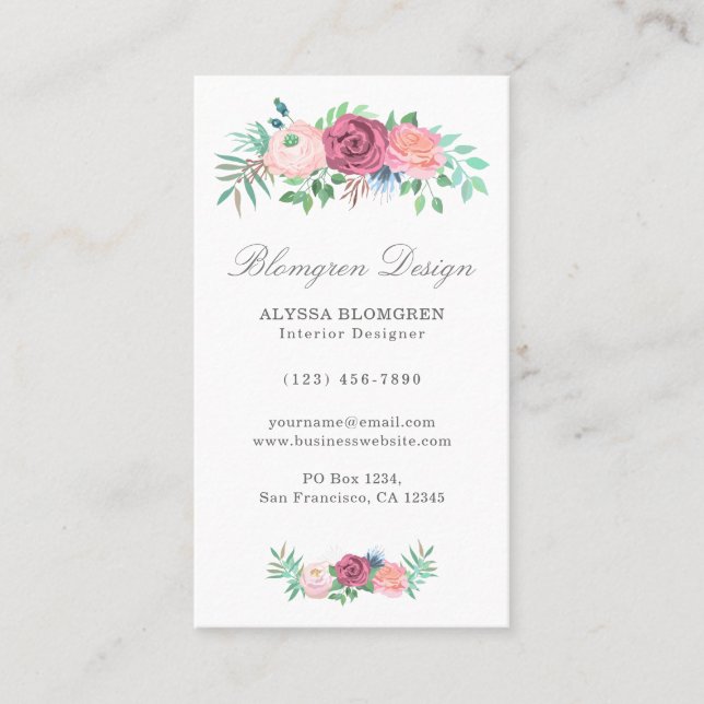 Elegant Pastel Pink Floral Garland Vertical Business Card (Front)