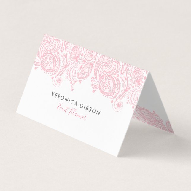 Elegant pastel pink floral paisley lace business card (Front)