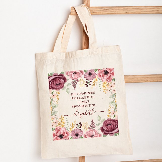 Elegant pastel pink flower Proverbs 31 Tote Bag (Creator Uploaded)