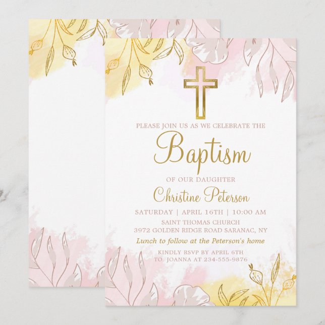 Elegant Pastel Pink Gold Floral Girl Baptism Invitation (Front/Back)