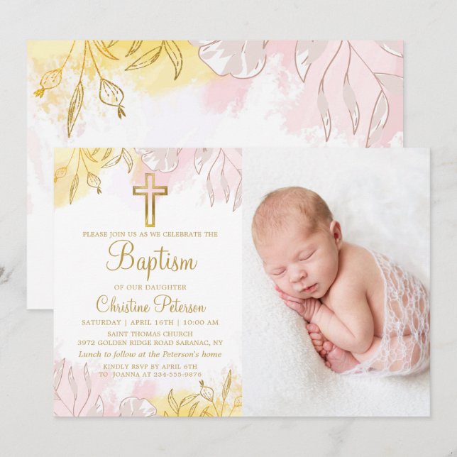 Elegant Pastel Pink Gold Floral Girl Baptism Photo Invitation (Front/Back)