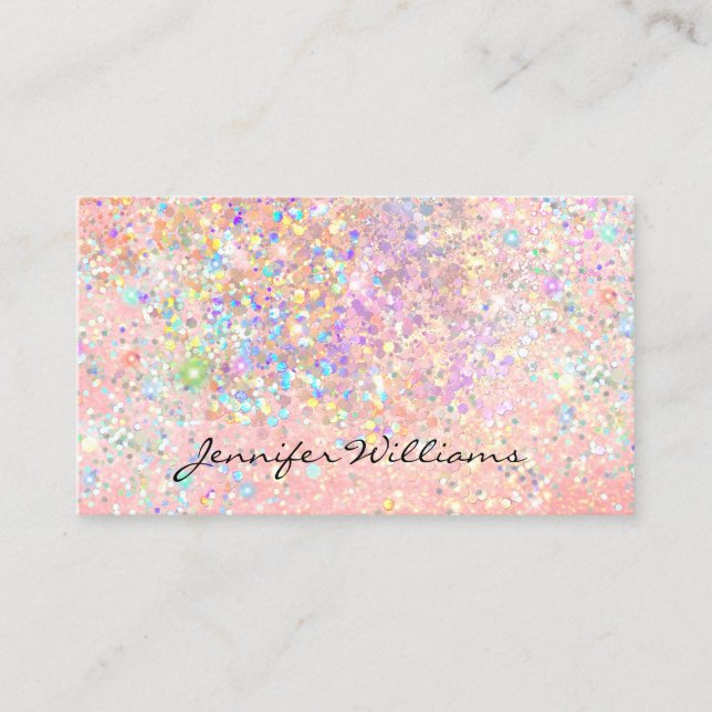 Elegant Pastel Pink Gold Holographic Glitter Business Card (Front)
