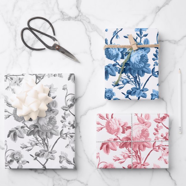 Elegant Pastel Pink, Gray, Blue Roses  Wrapping Paper Sheet (Front)