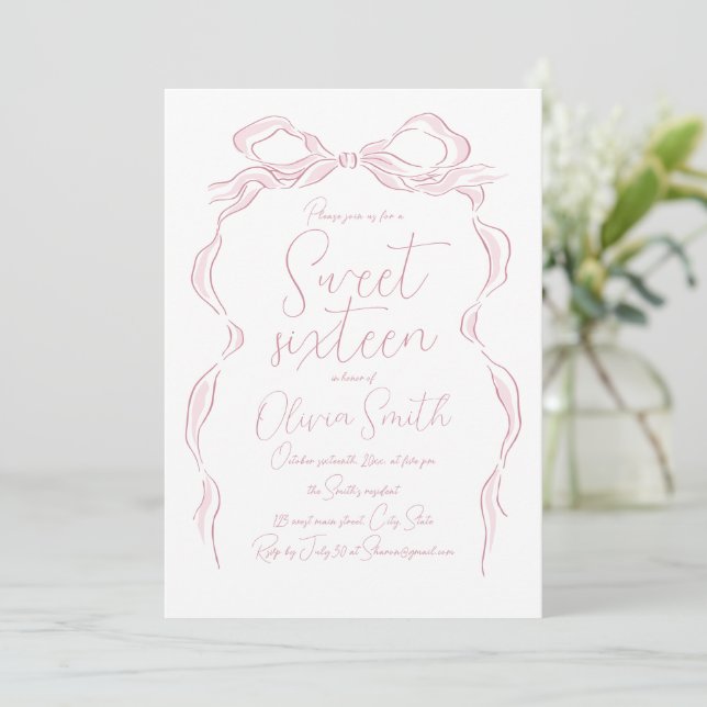 Elegant Pastel Pink Hand Drawn Bow Sweet Sixteen Invitation (Standing Front)