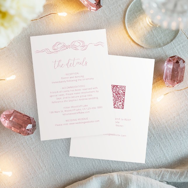 Elegant Pastel Pink Hand Drawn Bow Wedding Details Enclosure Card (Elegant Pastel Pink Hand Drawn Bow Wedding Details Enclosure Card)
