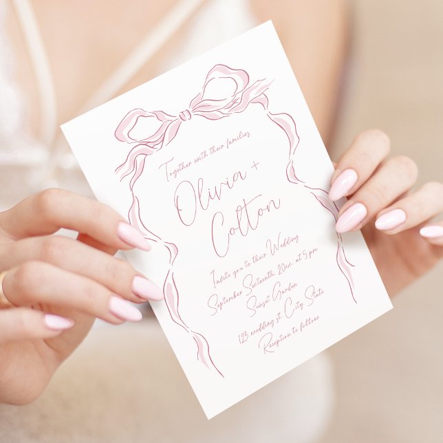 Elegant Pastel Pink Hand Drawn Bow Wedding Invitation (Elegant Pastel Pink Hand Drawn Bow Wedding Invitation)