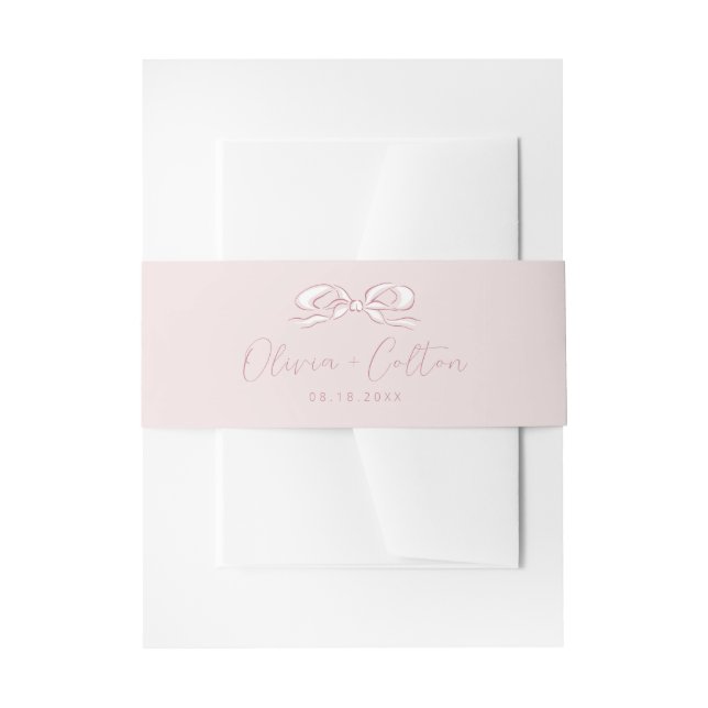 Elegant Pastel Pink Hand Drawn Bow Wedding Invitation Belly Band (Front Example)