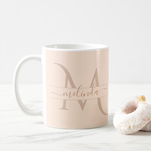 Elegant Pastel Pink Monogram Script Name Feminine  Coffee Mug (With Donut)