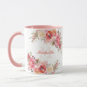 Elegant Pastel Pink Peach Rose Floral Monogram Mug
