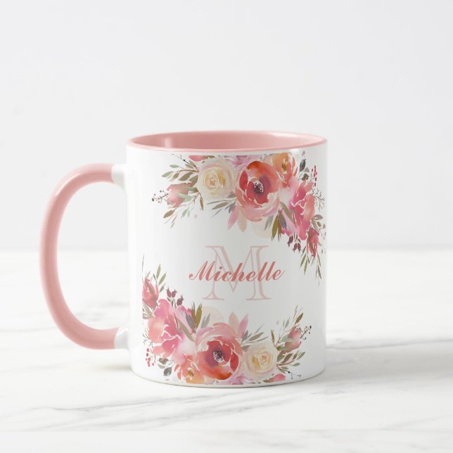 Elegant Pastel Pink Peach Rose Floral Monogram Mug (Left)