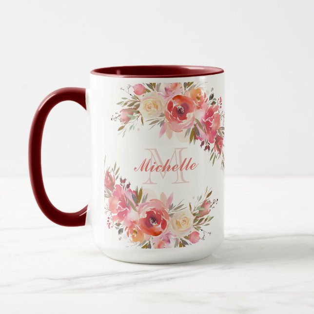 Elegant Pastel Pink Peach Rose Floral Monogram Mug (Left)