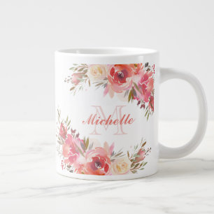 Elegant Pastel Pink Peach Rose Floral Name Large Coffee Mug