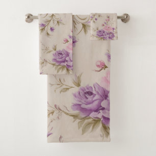 Elegant Pastel Pink & Purple Garden Blooms Bath Towel Set
