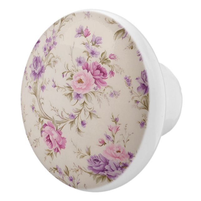 Elegant Pastel Pink & Purple Garden Blooms Ceramic Knob (Right)